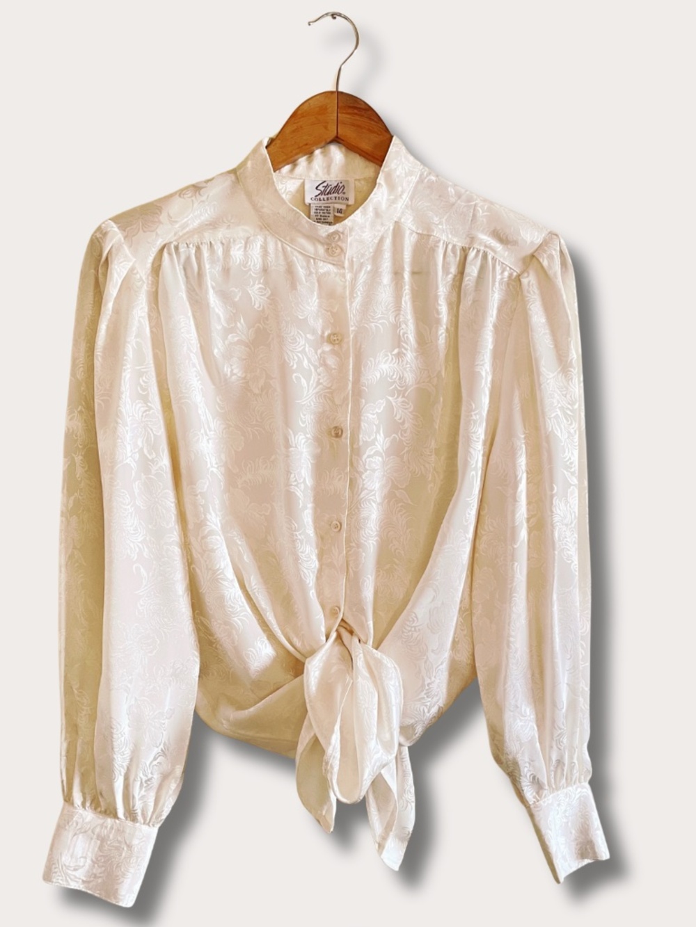 Vintage Ivory Floral Tonal Blouse 80s | Elegant Ivory Vintage Blouse